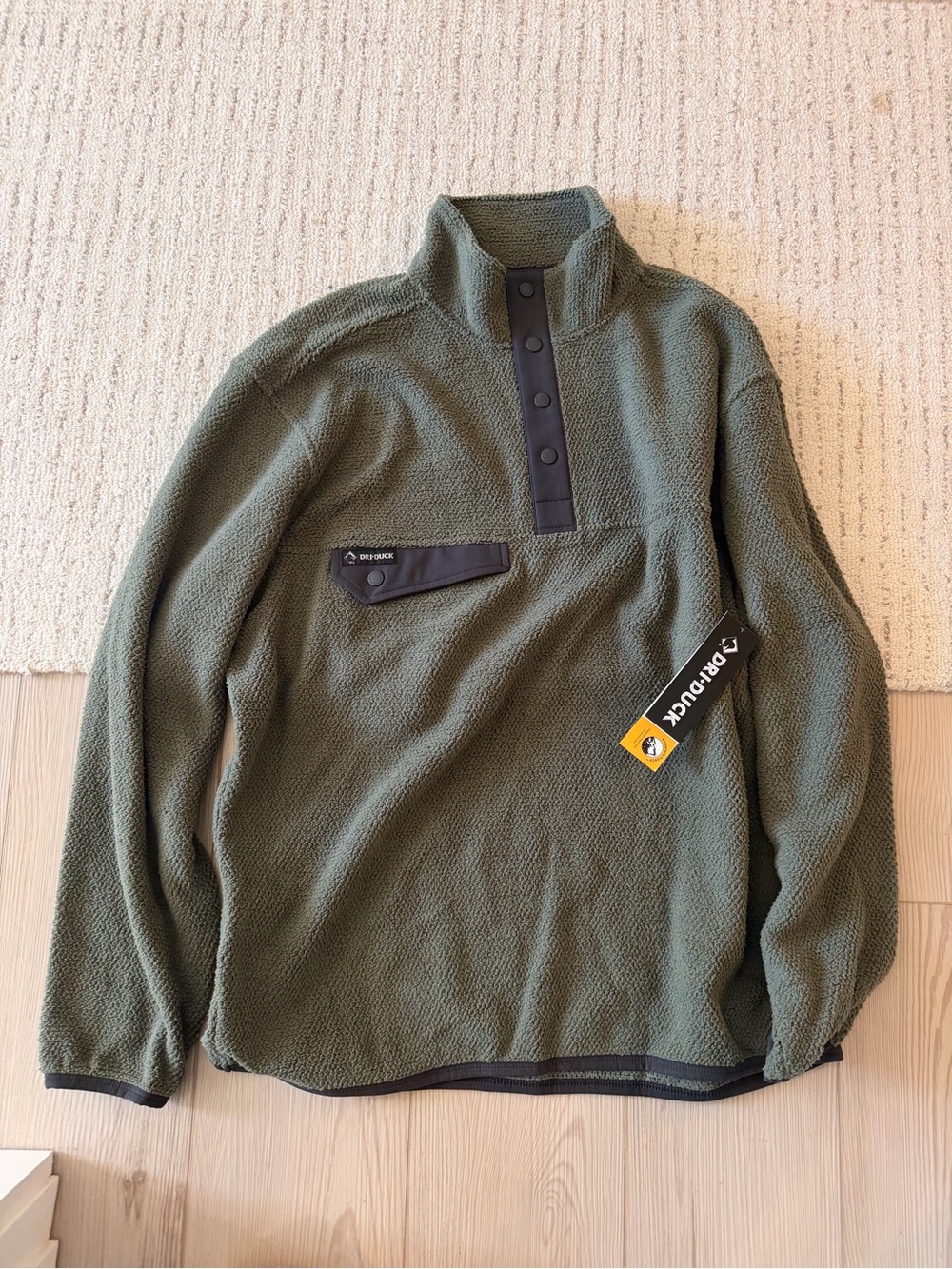 Olive Green Fleece Snap-Placket Pullover